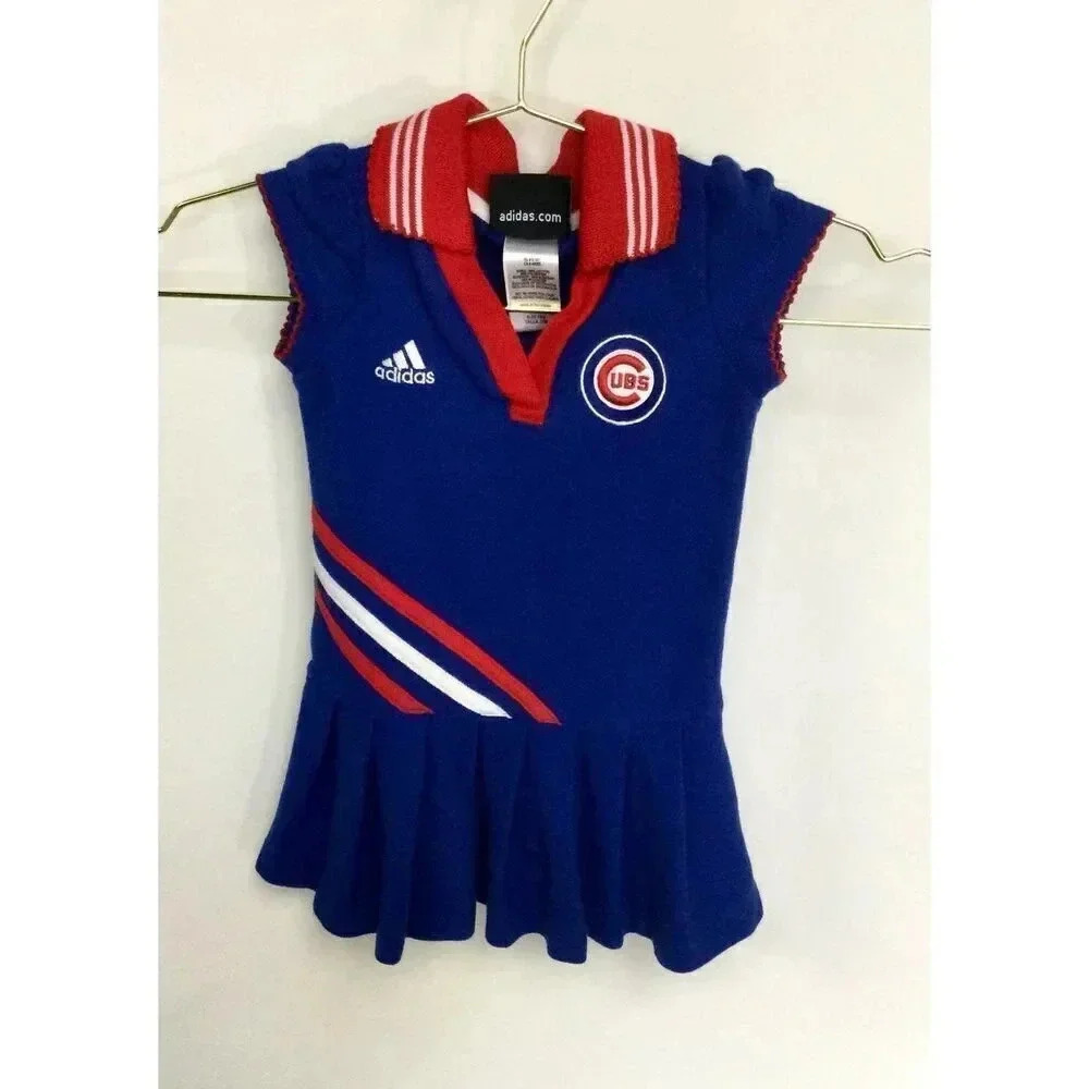 Vintage Adidas Girls Blue Red Chicago Cubs Collared Pleated Polo Dress Size 18M
